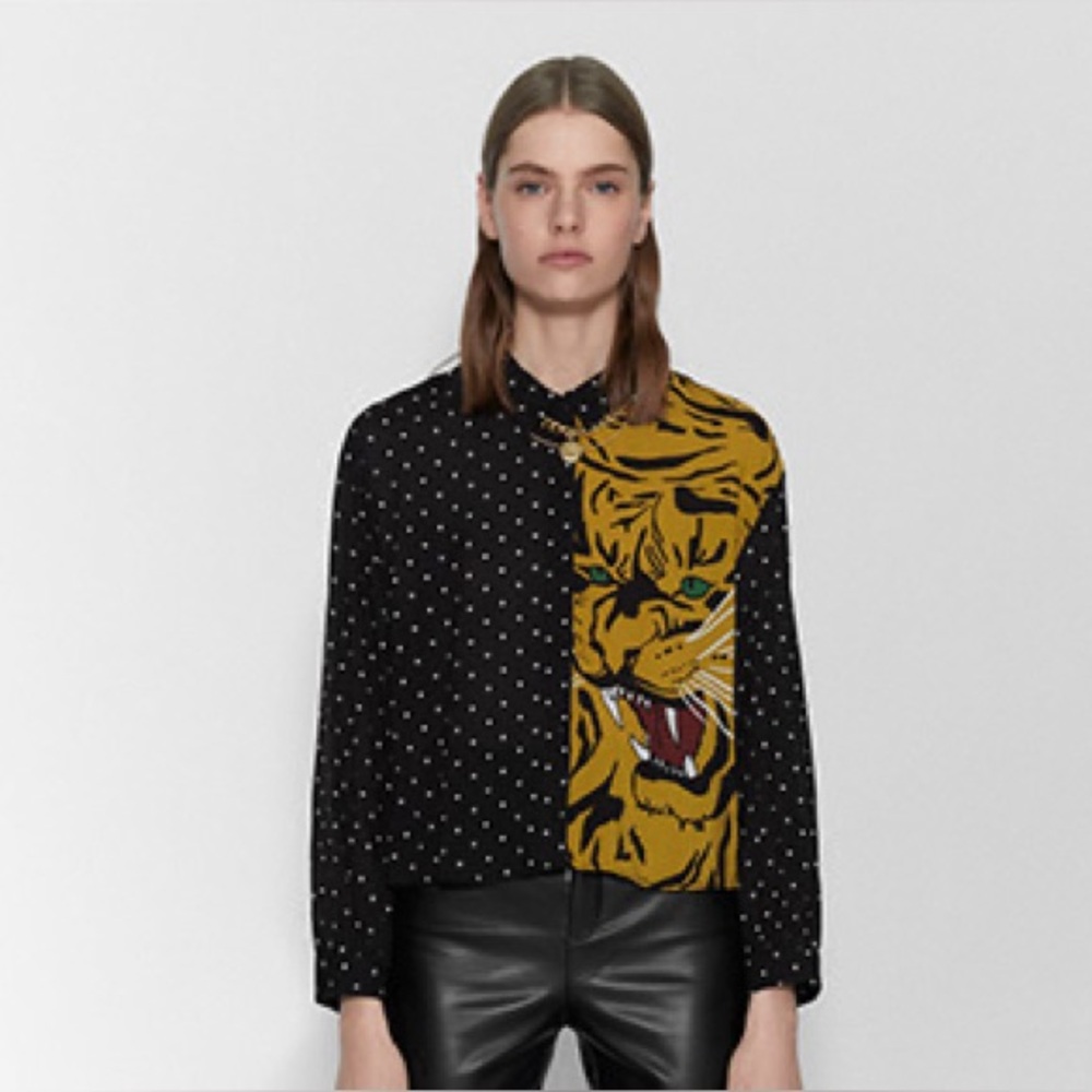Zara - Tiger Black Polka Dot Button Down Long Sleeve Blouse Size Medium